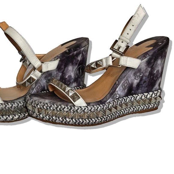Christian Louboutin Denim Pyraclou Platform Sandal Wedges